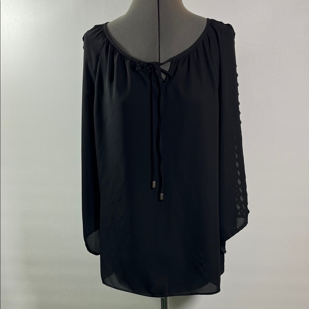 New Directions Peasant Top Women M Black See Thro Patterned Sleeves Tie Neckline
